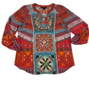 Tribal Boho Southwestern Colorful Beaded Semi-Sheer Blouse Women's Size Small